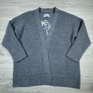 The Beach People Women Cardigan Gray M/L Palm Tree Embroidered Front Pockets